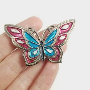 Vintage Tri-Chem Blue Red Enamel Butterfly Brooch, Colorful Insect Wings, Estate